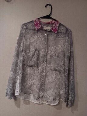 4 Love And Liberty 100%silk Lightweight Floral Button-Up Blouse - Pink/Gray